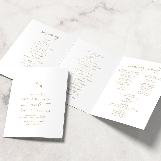 Boho Chic Gold and White Monogram Wedding Tri-Fold Program (Creator Uploaded)