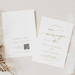 Boho Chic Gold and White QR Code French Wedding Invitation