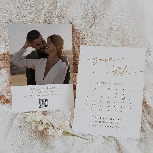 Boho Chic Gold and White QR Code Photo Calendar Save The Date