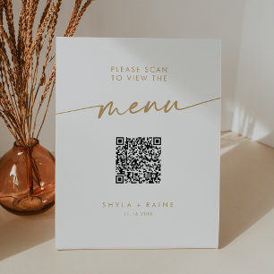 Boho Chic Gold and White QR Code Wedding Menu Pedestal Sign