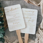 Boho Chic Gold and White Wedding Program Hand Fan<br><div class="desc">This boho chic gold and white wedding program hand fan is perfect for a minimalist wedding ceremony. The neutral yellow gold and white modern bohemian design features simple rustic calligraphy with a unique yet classic style. Personalize your wedding program with you names, wedding date, location, thank you message, order of...</div>