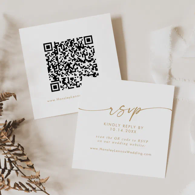 Boho Chic Gold and White Wedding QR Code RSVP Enclosure Card | Zazzle