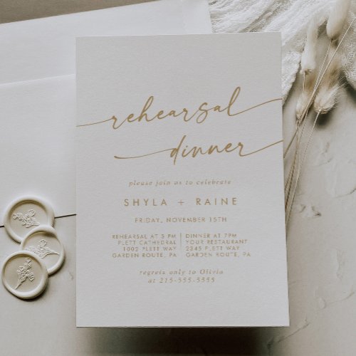 Boho Chic Gold and White Wedding Rehearsal Dinner Invitation