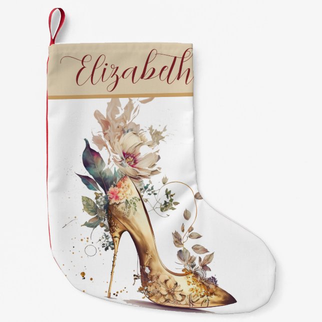 Boho Chic Gold High Heel Shoe Floral Personalized Small Christmas Stocking (Front)