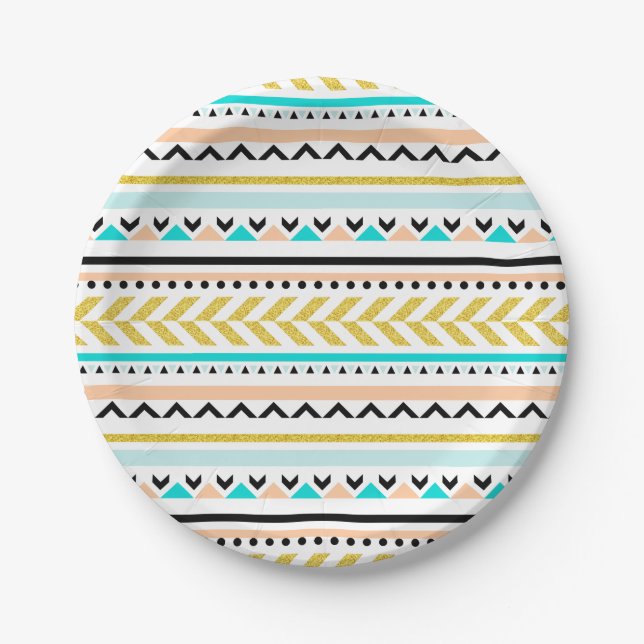 Boho Chic Gold Turquoise Aztec Pattern Paper Plates (Front)
