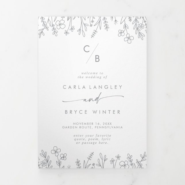 Boho Chic Gray Wildflower Monogram Wedding Tri-Fold Program (Cover)