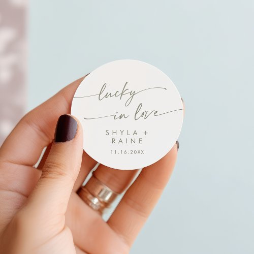 Boho Chic Green and White Lucky In Love Favor Classic Round Sticker