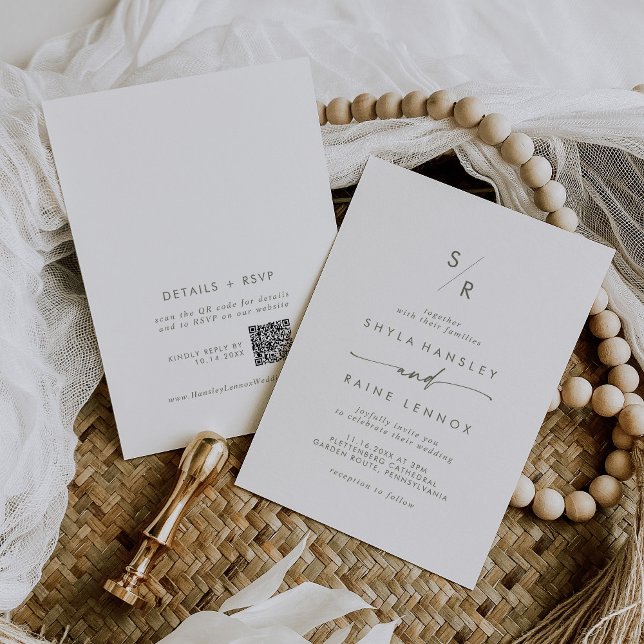 Boho Chic Green and White Monogram QR Code Wedding Invitation (Creator Uploaded)