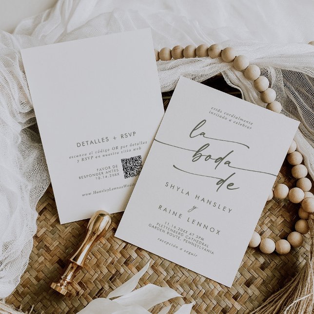 Boho Chic Green and White QR Code Spanish Wedding Invitation (Creator Uploaded)
