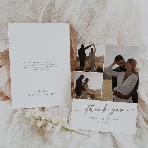 Boho Chic Green and White Wedding Photo Collage Thank You Card