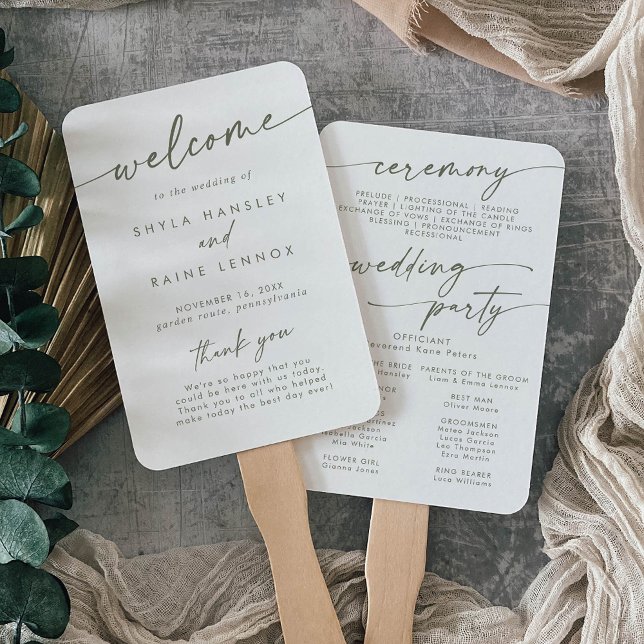 Boho Chic Green and White Wedding Program Hand Fan (Creator Uploaded)