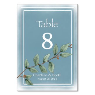 Boho Chic Green Botanicals Smokey Blue Wash  Table Number