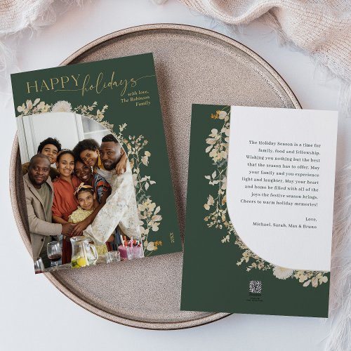Boho Chic Green Gold Photo Holiday Card w Message