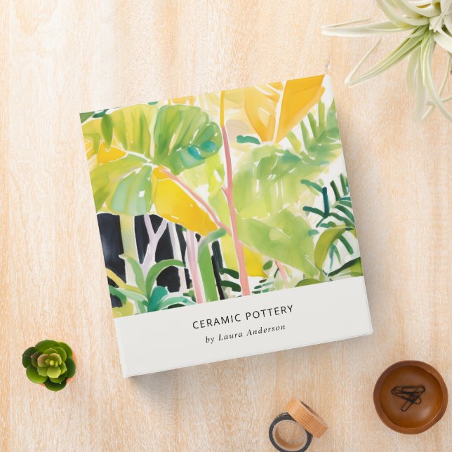 Boho Chic Green Tropical Leafy Foliage Botanical 3 Ring Binder (In Situ)