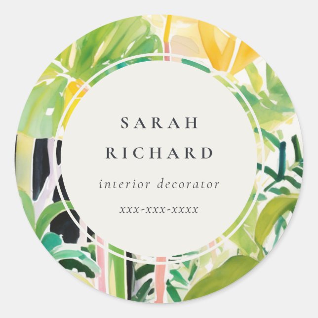 Boho Chic Green Tropical Leafy Foliage Botanical Classic Round Sticker (Front)