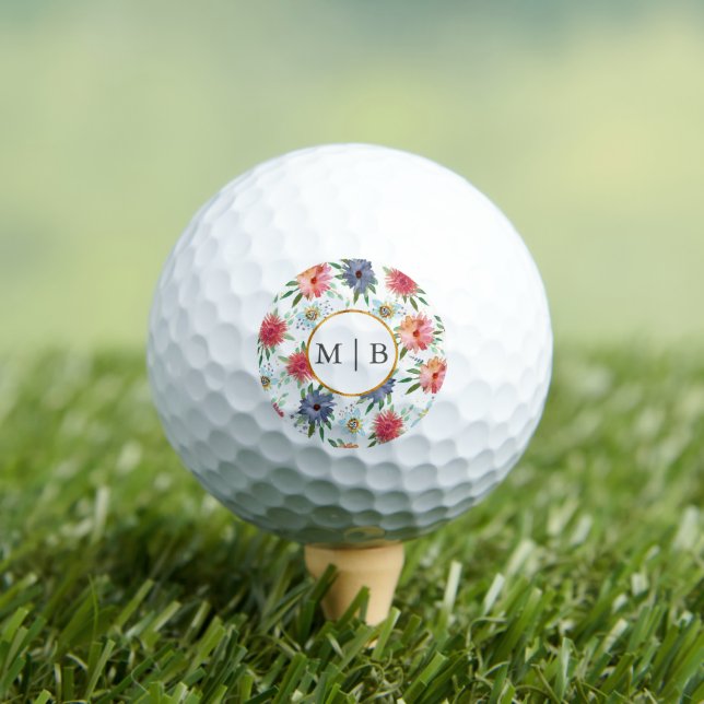 Boho Chic Greenery Wildflower Couple Initials Golf Balls (Insitu Tee)