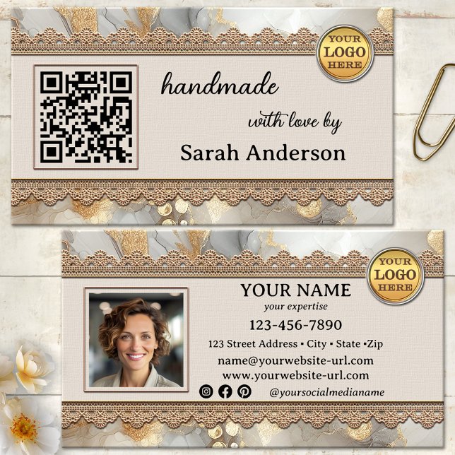 Boho Chic Handmade Modern Crafts Business Card (Professional artisan handmade luxury business card - photo - logo - QR code - social media - boho)