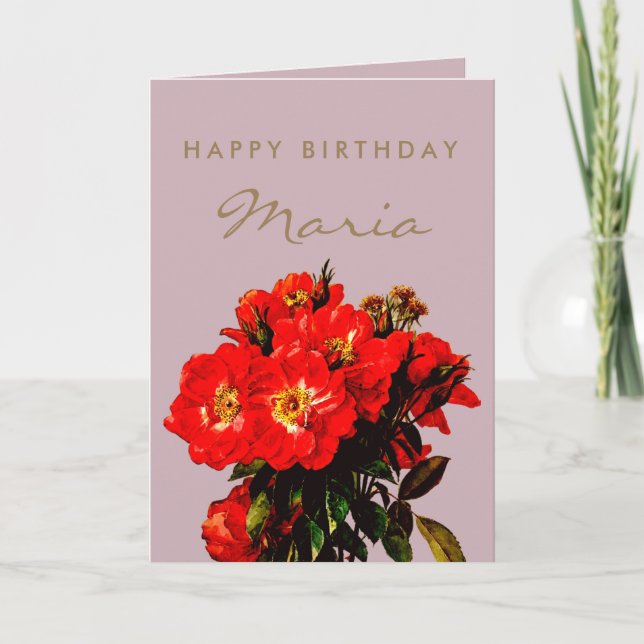 Boho Chic Happy Birthday Red Roses Bouquet Mauve Card (Front)