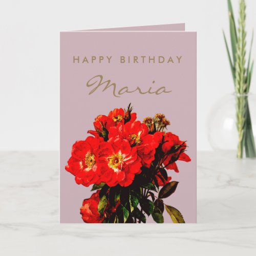 Boho Chic Happy Birthday Red Roses Bouquet Mauve Card