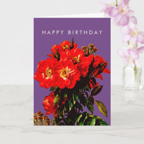Boho Chic Happy Birthday Red Roses Bouquet Purple Card