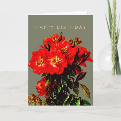 Boho Chic Happy Birthday Red Roses Olive Green Card