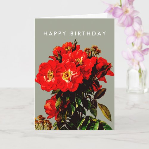 Boho Chic Happy Birthday Red Roses Sage Green Card