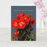 Boho Chic Happy Birthday Red Roses Slate Blue Card<br><div class="desc">This is a customizable boho chic Happy Birthday greeting card design with a slate blue background. This elegant card features a restored vintage fine art circa 1895 watercolor painting of a "Ragged Robin" wild red roses bouquet by French painter Paul de Longpre, 1855-1911. We have added a white background. You...</div>