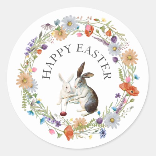 Boho Chic Happy Easter Bunnies Spring Wildflowers Classic Round Sticker