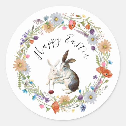 Boho Chic Happy Easter Bunny Watercolor Wildflower Classic Round Sticker