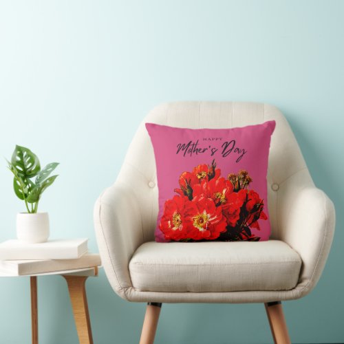 Boho Chic Happy Mothers Day Red Roses Magenta Throw Pillow