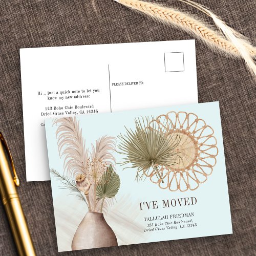 Boho Chic Ive Moved Dried Palm and Pampas Moving Announcement Postcard