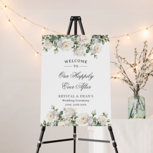 Boho Chic Ivory White Roses Floral Wedding Welcome Foam Board