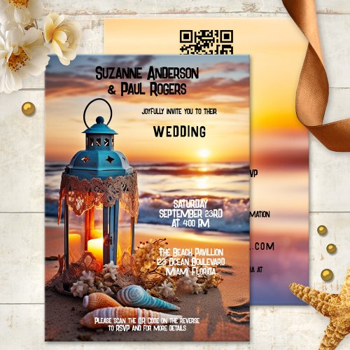 Boho Chic Lantern Sunset Beach QR Wedding Invitation