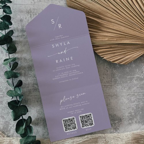 Boho Chic Lavender Purple Dual QR Code Wedding All In One Invitation