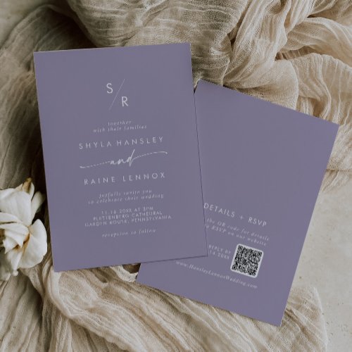 Boho Chic Lavender Purple Monogram QR Code Wedding Invitation