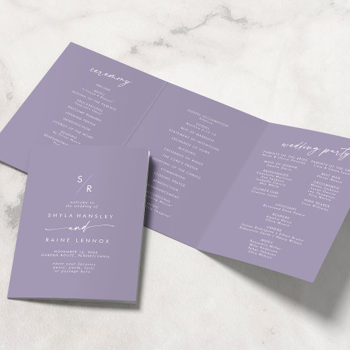 Boho Chic Lavender Purple Monogram Wedding Tri_Fold Program