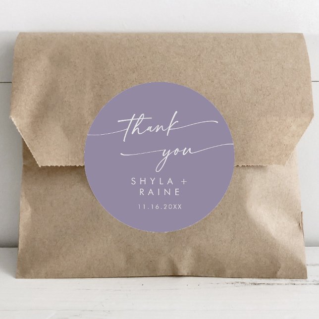 Boho Chic Lavender Purple Thank You Wedding Favor Classic Round Sticker (Creator Uploaded)