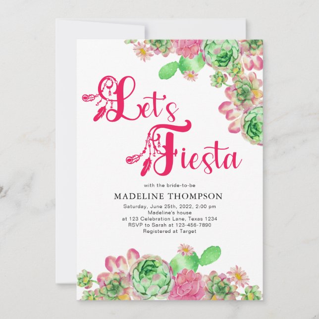 Boho Chic Let's Fiesta Pink Cactus Bridal Shower Invitation (Front)