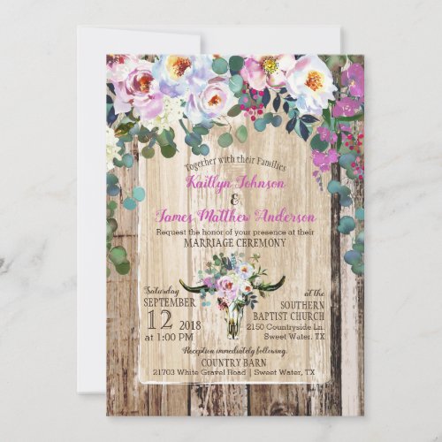 Boho Chic Longhorn Cow Skull Floral Wedding Invitation