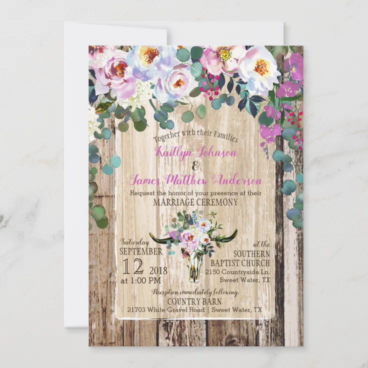 Boho Chic Longhorn Cow Skull Floral Wedding Invitation | Zazzle