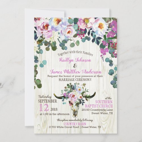 Boho Chic Longhorn Cow Skull Floral Wedding Invitation