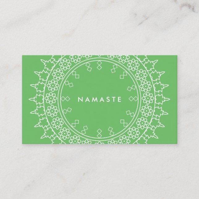 Boho Chic Mandala Namaste Yoga Green Business Card (Front)