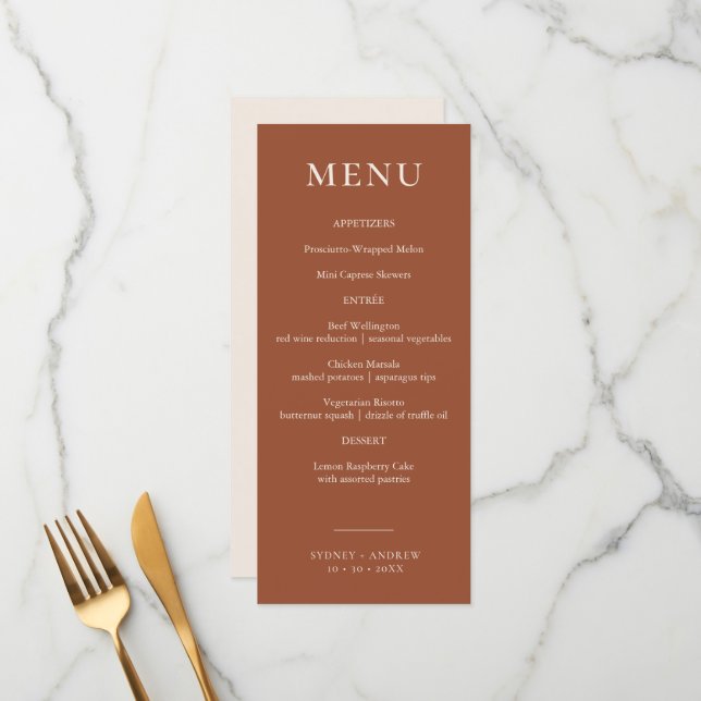 Boho Chic Minimal Terracotta Wedding  Menu (Front/Back In Situ)