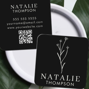 Boho Chic Minimalist Black Flower QR Code Square Business Card