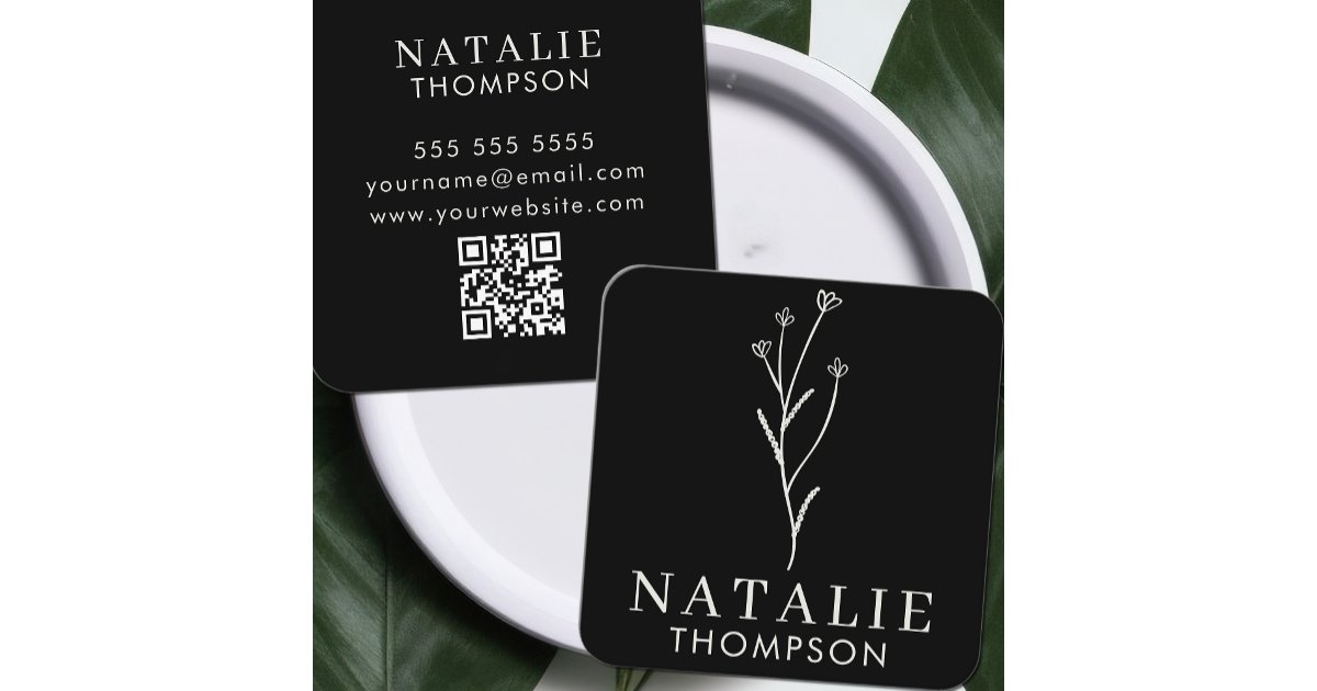 Boho Chic Minimalist Black Flower QR Code Square Business Card | Zazzle