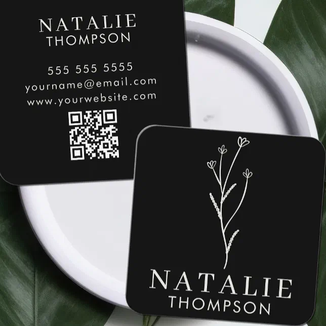 Boho Chic Minimalist Black Flower QR Code Square Business Card | Zazzle