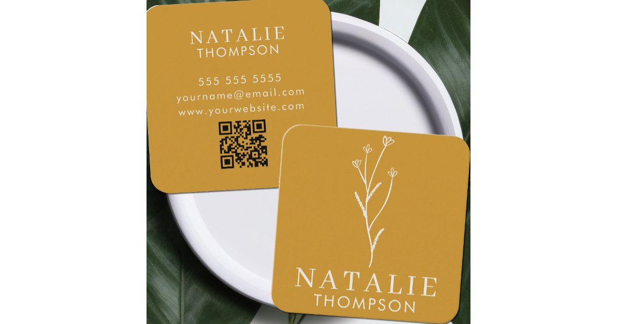 Boho Chic Minimalist Mustard Yellow Modern QR Code Square Business Card ...
