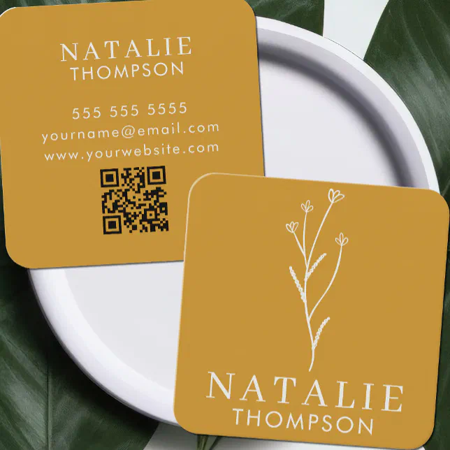 Boho Chic Minimalist Mustard Yellow Modern QR Code Square Business Card ...
