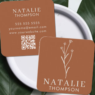 Boho Chic Minimalist Terracotta Flower QR Code Square Business Card