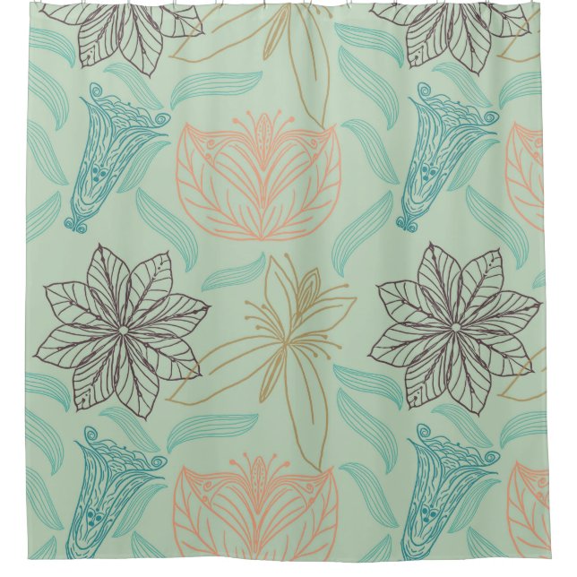 Boho-Chic Mint Floral Blossom Pattern Shower Curtain (Front)
